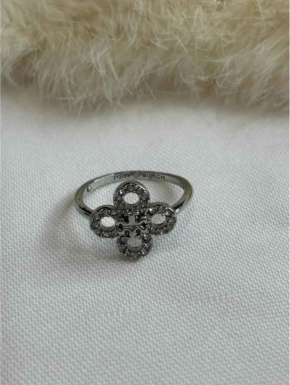 Tory Burch Silver Tone Crystal Ring Size 7.25